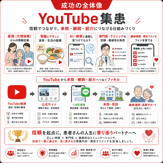 家族代理視聴、腎臓食動画、AI検索、来院、継続通院までのYouTube集患全体像を示したまとめイラスト