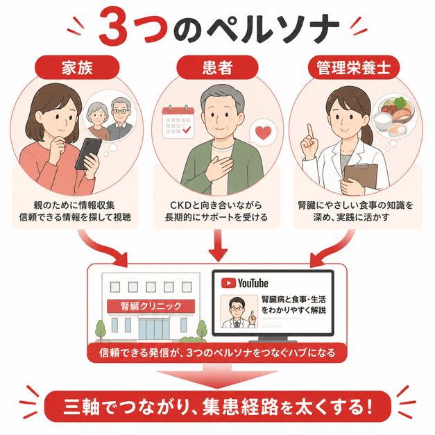 家族・患者・管理栄養士の3つのペルソナが腎臓クリニックの動画発信につながる様子を示したイラスト