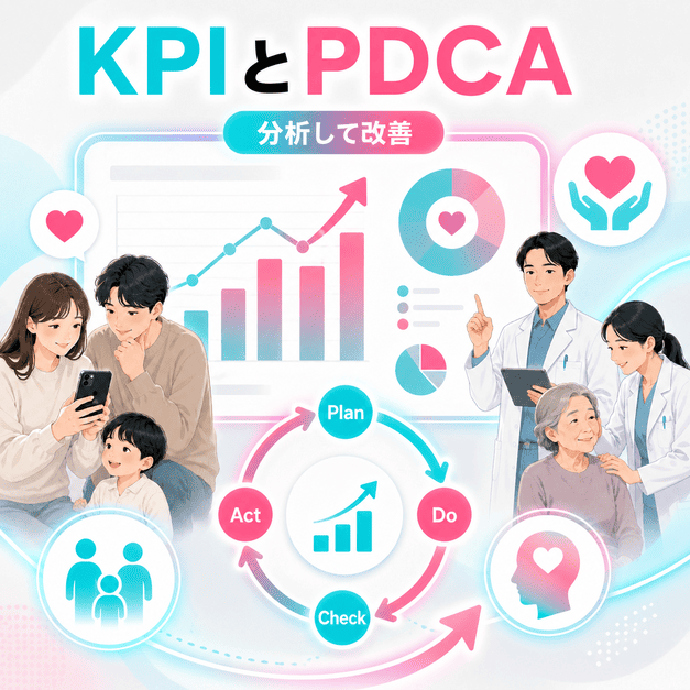 KPIとPDCAサイクルで若年家族層の獲得と心理配慮品質を改善していく様子を示すイラスト