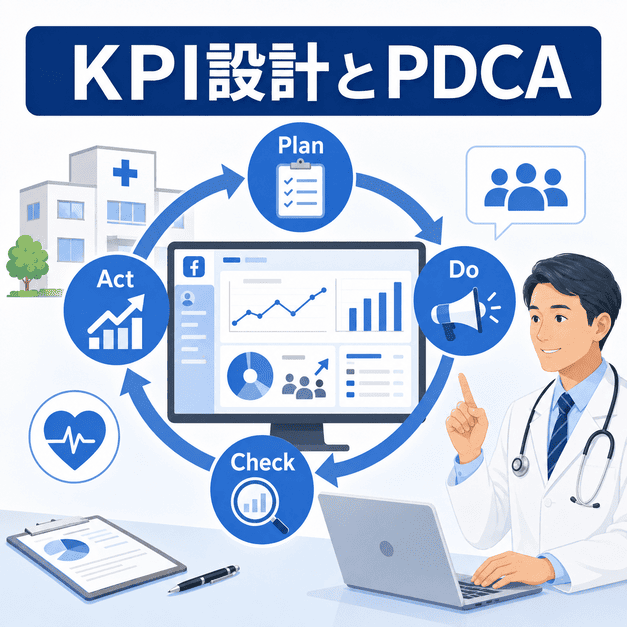 糖尿病クリニックのFacebook運用をKPIダッシュボードとPDCAサイクルで改善する様子を表したイラスト