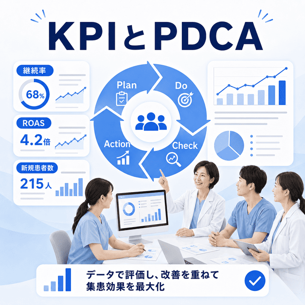 KPIとPDCAサイクルを用いてFacebook集患の成果を分析し改善するクリニック運用の図解