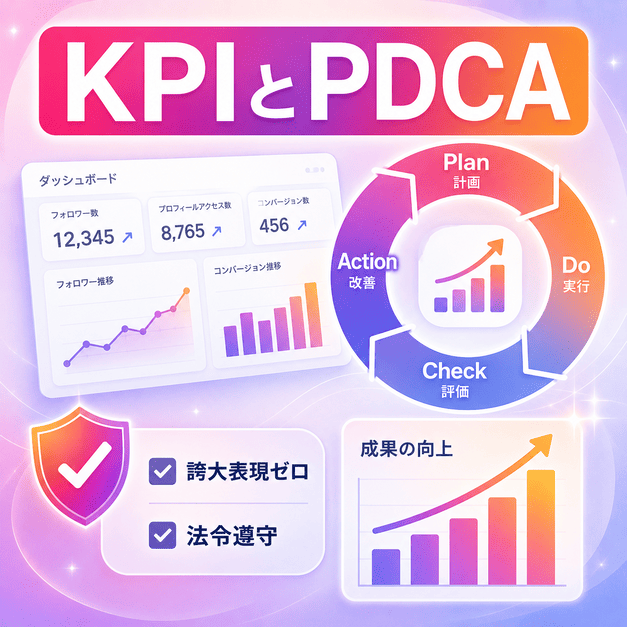 誇大表現ゼロと法令遵守を前提にKPIとPDCAでInstagram運用を改善する様子を示したイラスト