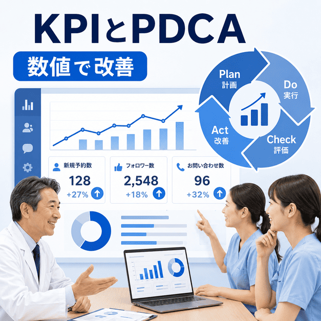 KPIダッシュボードとPDCAサイクルでFacebook運用成果を数値管理し改善する様子を示したイラスト