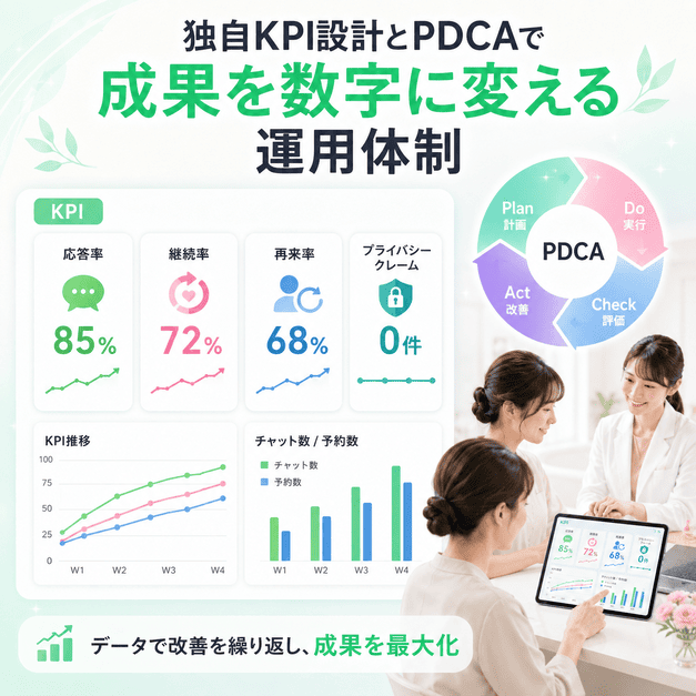 レディースクリニックのLINE運用成果をKPIとPDCAで数値管理するダッシュボード風イラスト