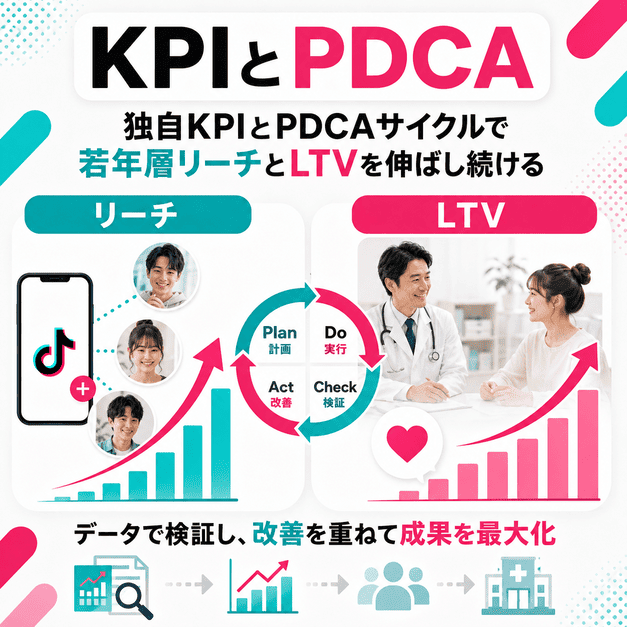 独自KPIとPDCAサイクルで若年層リーチとLTVを継続的に伸ばす流れを示したイラスト