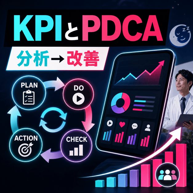 睡眠外来のTikTok運用成果をKPI分析とPDCAサイクルで改善していく様子を表したイラスト