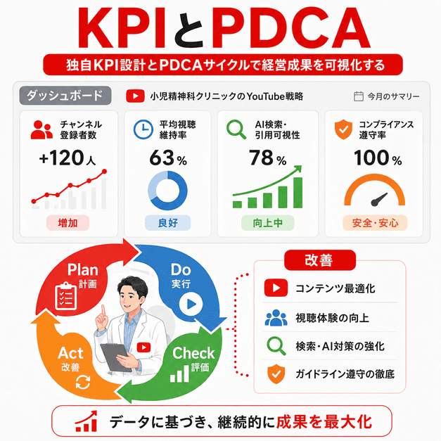 児童精神科クリニックのYouTube運用における独自KPIとPDCAサイクルをダッシュボードで可視化したイラスト