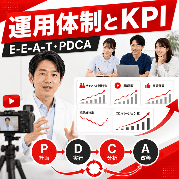 院長のE-E-A-T訴求とKPI管理、PDCA運用でYouTube集患を改善するイラスト