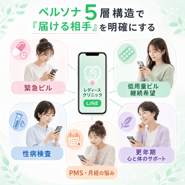 緊急ピル、低用量ピル、性病検査、PMS、更年期の5つのペルソナをLINE運用で整理するイラスト