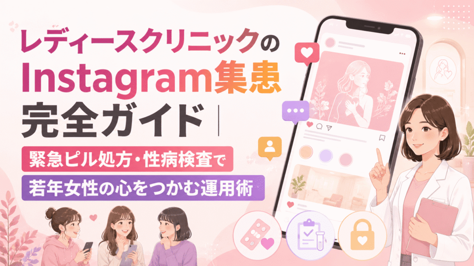 レディースクリニックのInstagram集患について、緊急ピル処方や性病検査、オンライン相談への導線を表したアイキャッチ画像