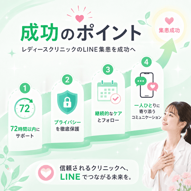 72時間以内の対応、プライバシー保護、継続ケア、個別コミュニケーションを成功要素としてまとめたイラスト