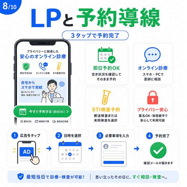 レディースクリニックのLPから即日予約・オンライン診療・性病検査予約へ進むスマホ導線を示した図