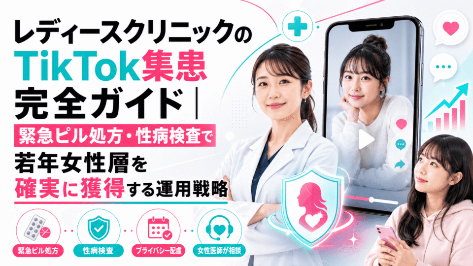 レディースクリニックのTikTok集患戦略として、女性医師と若年女性、スマホ動画、緊急ピル処方や性病検査の要素を表した画像