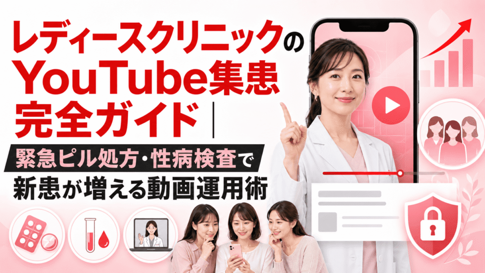 レディースクリニックのYouTube集患で、女性医師の動画解説やオンライン診療、緊急ピル処方・性病検査への導線を表したアイキャッチ画像