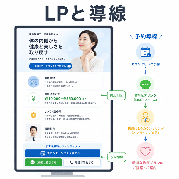 再生医療クリニックのLPで費用明示・リスク説明・医師紹介から相談予約へ導く流れを示したイラスト