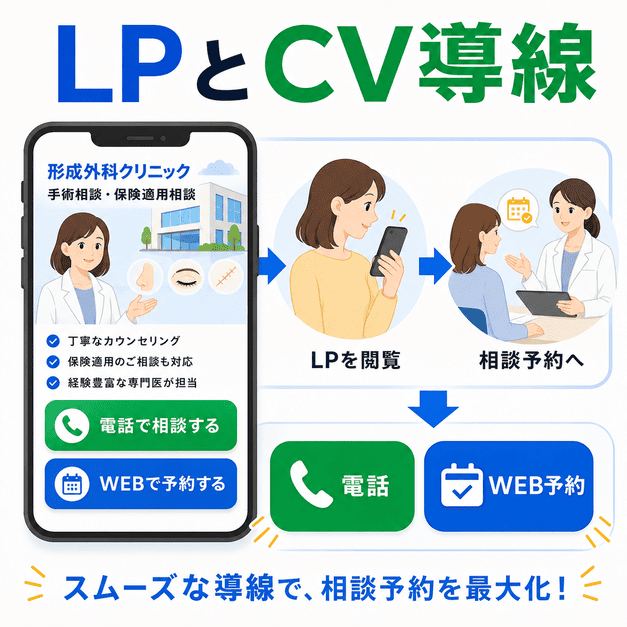 形成外科のランディングページから電話相談やWeb予約へつなげるCV導線を示したイラスト