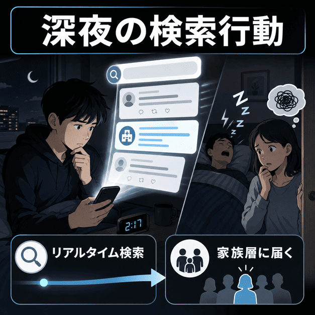 深夜に眠れずスマホで検索する患者と家族のいびきを心配する人へ睡眠外来情報が届くイメージ