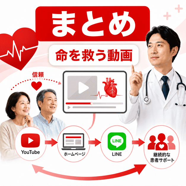 循環器内科のYouTube動画からホームページ、LINE、継続的な患者サポートへつながる全体像をまとめたイラスト