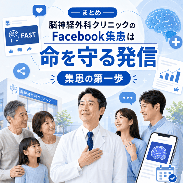 脳神経外科クリニックのFacebook集患は命を守る情報発信から始まることを表したまとめ画像