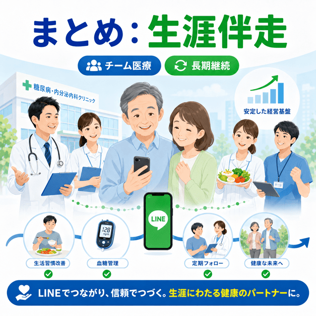 糖尿病・内分泌内科クリニックがLINEを通じて患者の生涯に伴走し、チーム医療と長期継続で経営基盤を築くまとめイラスト