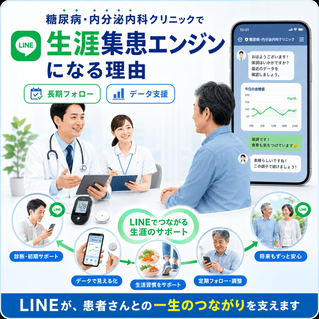 糖尿病・内分泌内科クリニックでLINEが長期フォローや血糖データ支援を通じて生涯の集患エンジンになる理由を示したイラスト