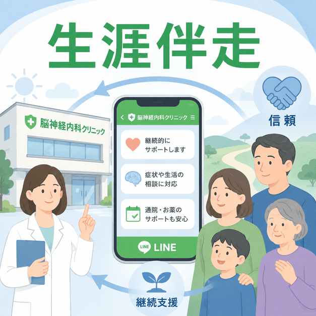 脳神経内科クリニックがLINEで患者と家族に生涯伴走し、継続支援と信頼関係を築く様子を表したまとめ用イラスト