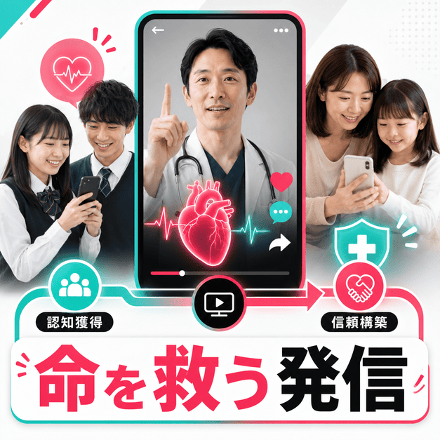 循環器内科クリニックが命を救う発信を起点に認知獲得と信頼構築を進めるイラスト