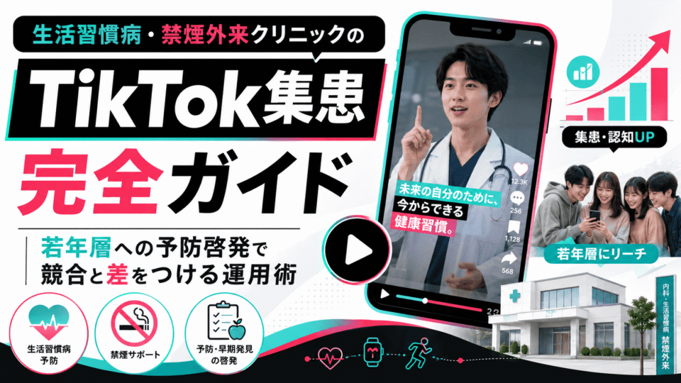 生活習慣病・禁煙外来クリニックのTikTok集患戦略を、若年層への予防啓発や動画運用の視点で表した画像