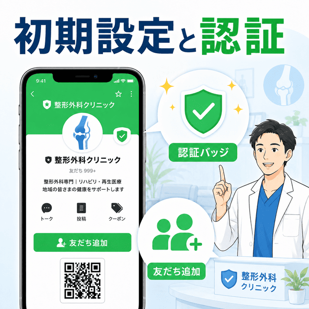 整形外科クリニックのLINE公式アカウント初期設定と認証バッジ取得による信頼形成を表したイラスト