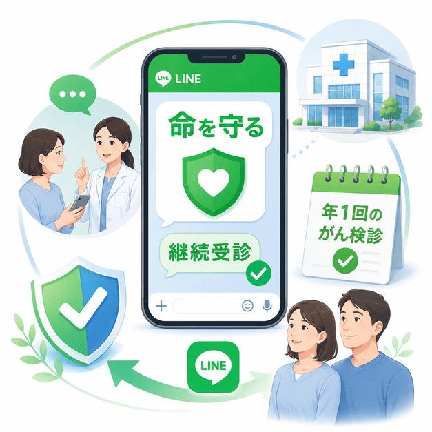 LINEを活用して年1回のがん検診リマインド、継続受診、医療機関との連携を行い、患者の命を守る流れを示したイラスト
