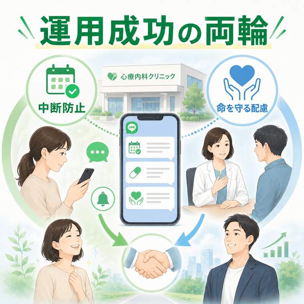 心療内科のLINE集患における中断防止と命を守る配慮の両輪をまとめたイラスト