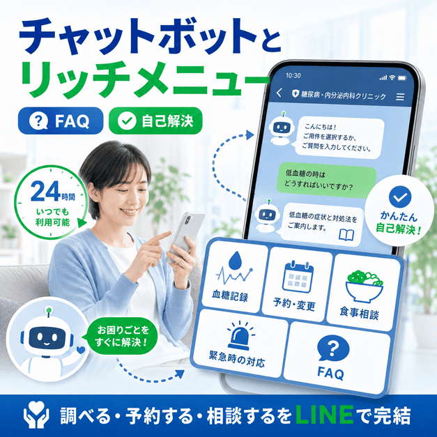 糖尿病・内分泌内科クリニックのLINEで、チャットボットとリッチメニューにより血糖記録、予約、食事相談、FAQを自己解決できる仕組みを示したイラスト