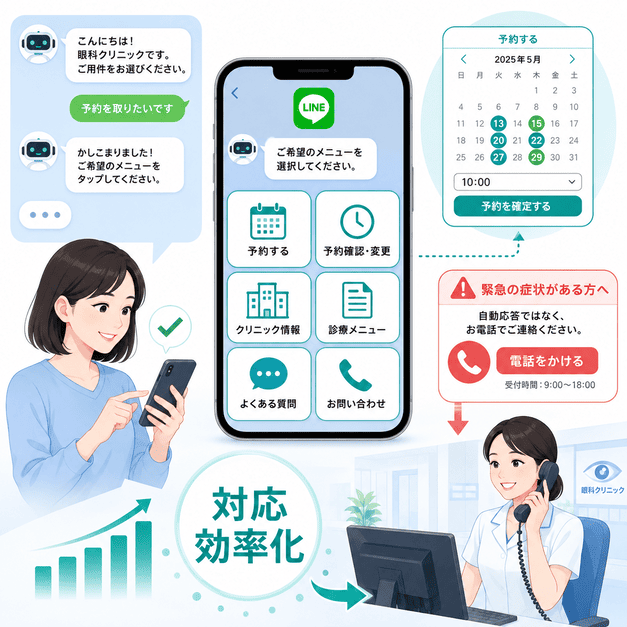 LINEのチャットボット・リッチメニュー・予約連携で眼科の患者対応を効率化するイメージ