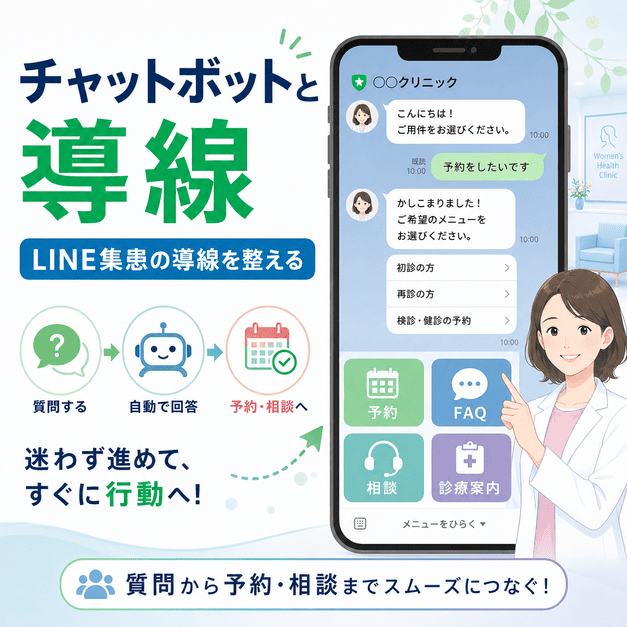 産婦人科クリニックのLINEでチャットボットとリッチメニューを使い、質問から予約・相談までスムーズに導く導線を示したイラスト