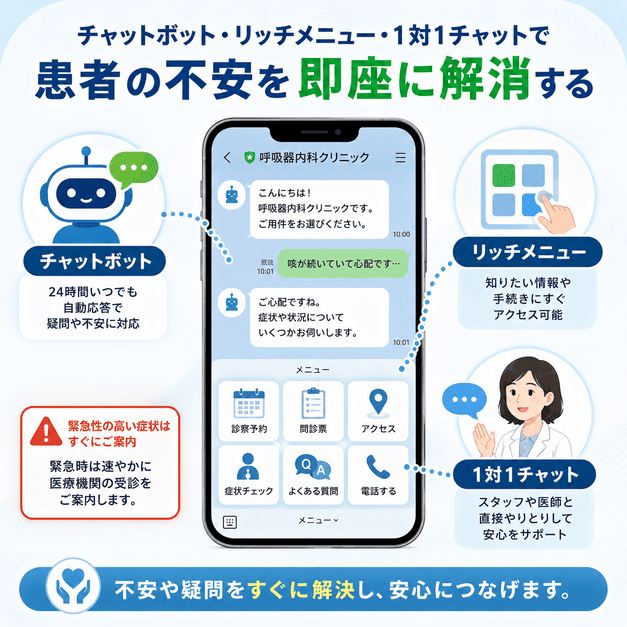 チャットボット、リッチメニュー、1対1チャットで呼吸器内科患者の不安や疑問に対応する様子を示したイラスト