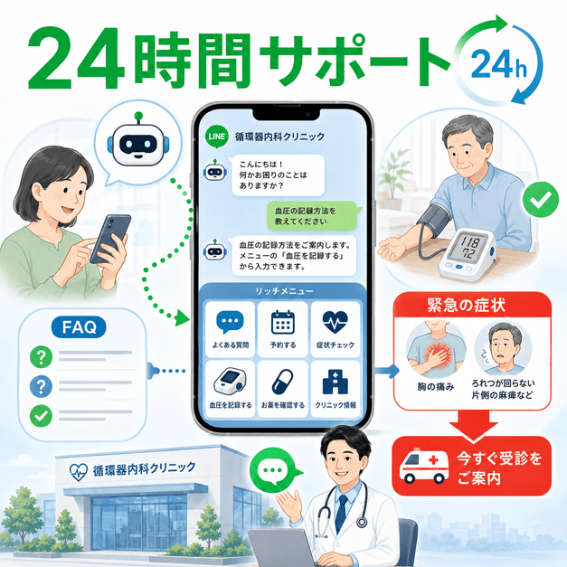 チャットボットとリッチメニューで血圧記録、予約、FAQ、緊急症状の案内を24時間支援するイラスト