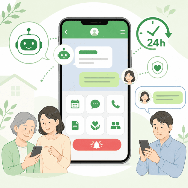 チャットボット、リッチメニュー、1対1チャットで24時間の安心感を届けるLINE画面のイメージ