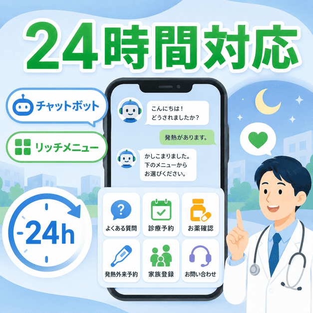 チャットボットとリッチメニューで患者の相談や予約に24時間対応する様子を表したイラスト