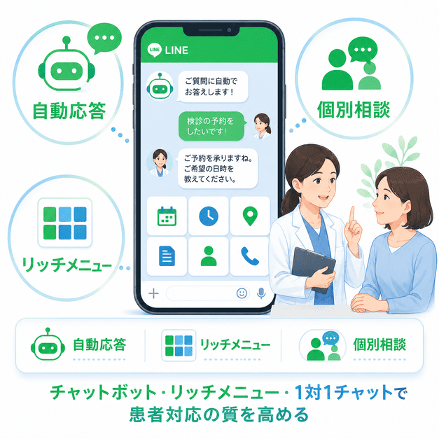 チャットボット、リッチメニュー、1対1チャットを組み合わせて患者対応の質を高めるLINE運用のイラスト