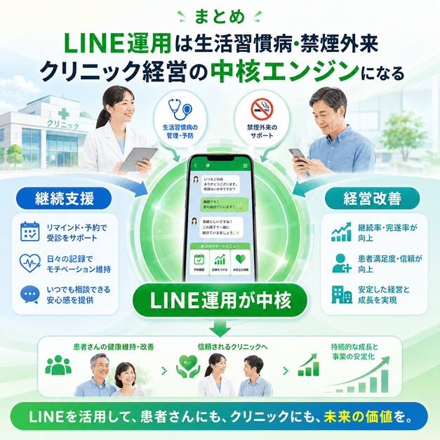 LINE運用が生活習慣病・禁煙外来クリニック経営の中核エンジンとなり、継続支援と経営改善につながることを示したまとめイラスト