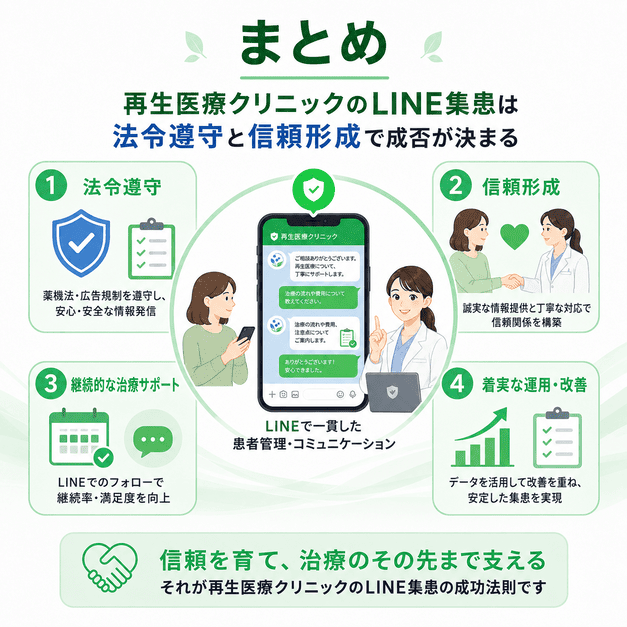 再生医療クリニックのLINE集患において法令遵守と信頼形成が成功の鍵になることをまとめたイラスト