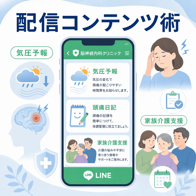 気圧予報、頭痛日記、認知症家族介護支援をLINEで配信し、患者満足度を高める仕組みを表したイラスト