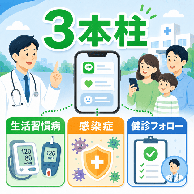 生活習慣病管理、感染症情報、健診フォローの3本柱でLINE配信を設計する様子を表したイラスト