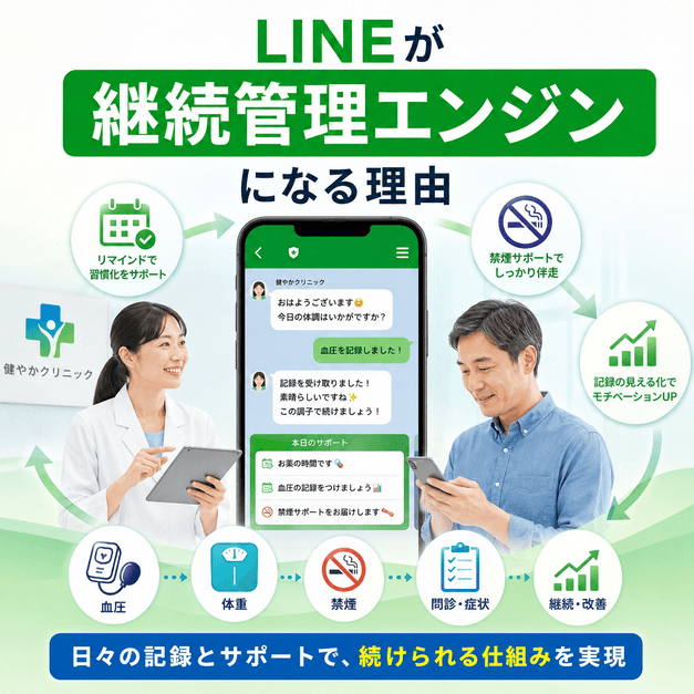 生活習慣病・禁煙外来クリニックでLINEが患者の記録や禁煙支援を継続管理する仕組みを示したイラスト