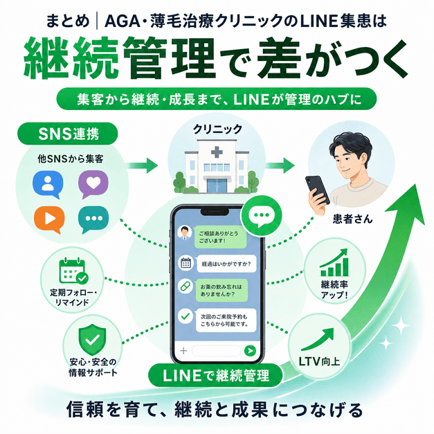SNS連携からLINEでの継続管理につなげ、継続率とLTV向上を目指す全体像をまとめたイラスト