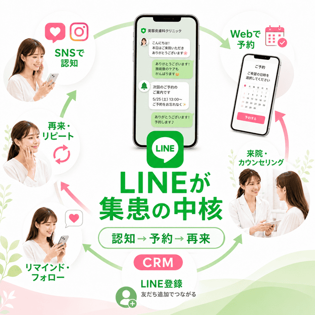 美容皮膚科の集患フローでLINEが予約・来院・再来院をつなぐ中核になる仕組みを示したイラスト