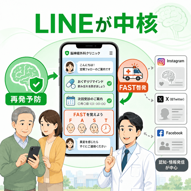 脳神経外科クリニックのLINEが、他SNSとは異なり再発予防管理とFAST啓発の中核になることを示したイラスト