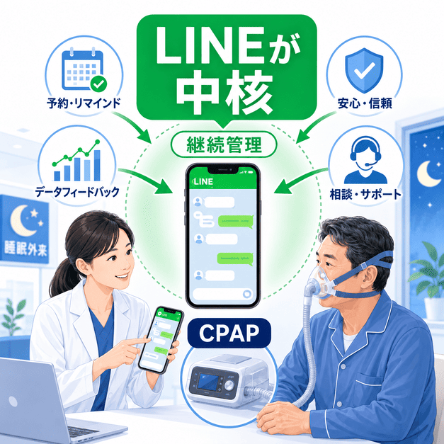 睡眠外来でLINEがCPAP患者の継続管理や予約リマインド、相談支援の中核になる仕組みを表したイラスト