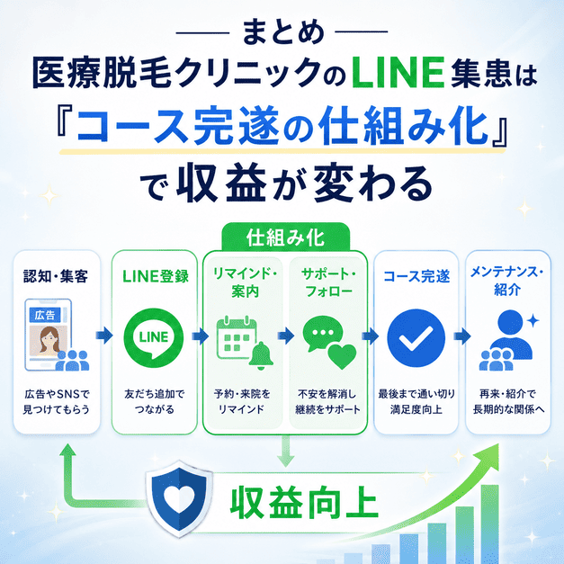 医療脱毛クリニックのLINE集患をコース完遂の仕組み化につなげて収益向上を目指す全体像
