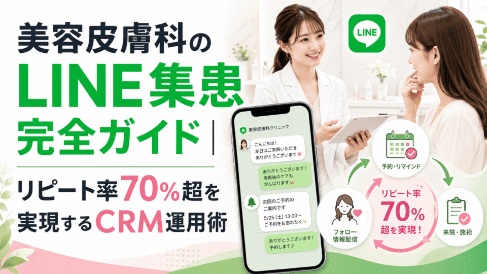 美容皮膚科クリニックのLINE集患とCRM運用を、予約リマインドや再来院促進の流れで表したアイキャッチ画像